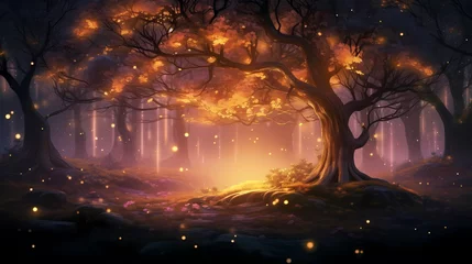 Foto op Canvas Charming forest landscape of trees at dusk illuminated by twinkling lights © ma