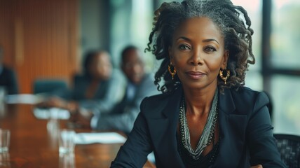 Close-up portrait of elegant black female businesswoman sitting at conference table in a boardroom. Confident African American executive discussing project plan at group multiethnic briefing. - obrazy, fototapety, plakaty