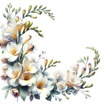 Watercolor painting of freesias flowers and botanical elements for corner and border invitation
