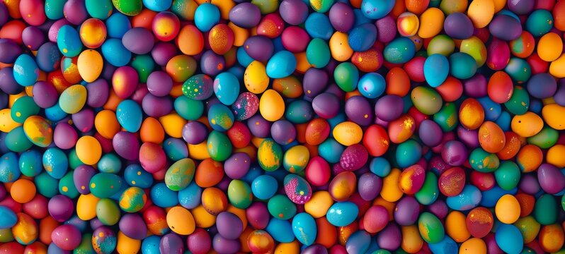 Seamless flat background of colorful hand painted Easter eggs. Easter decoration, banner, panorama, background with copy space for text. Happy Easter.