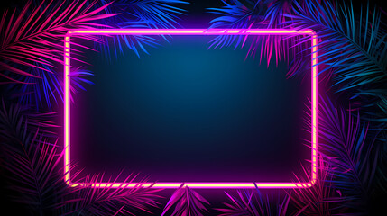 Neon frame with tropical palm leaves on dark background