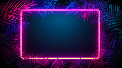 Obraz premium Neon frame with tropical palm leaves on dark background