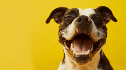 A smiling happy black and white pit bull terrier mixed dog isolated on a yellow background. 