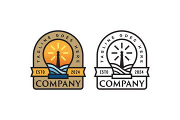 lighthouse with lamp light and wave badge logo for creative community building company business
