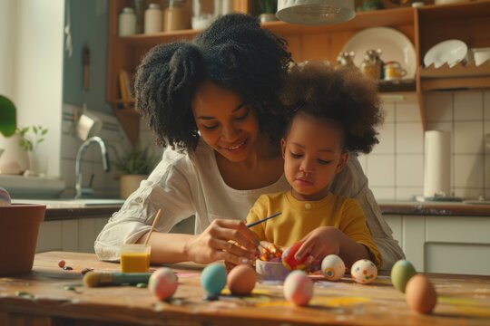 Beautiful African American mother and her cute little daughter painting Easter eggs at home. Loving mom and her child laughing and having fun together. Easter family traditions concept.