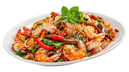 Stir-Fried Seafood with Chili and Thai Herbs on isolated on transparent png background. Generative ai