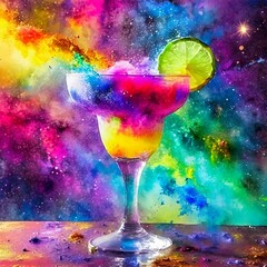 Galactic Explorer: A margarita inspired by outer space, with swirling colors reminiscent of nebulas and galaxies, garnished with dry ice for a mesmerizing smoke effect and edible glitter stars