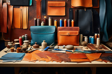 Leather craft or leather working, Selected pieces of beautifully colored or tanned leather on leather craftman's work desk