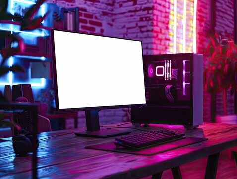 A computer screen mockup featuring a blank display and neon lights in the backdrop is designed for entertainment and gaming platforms.