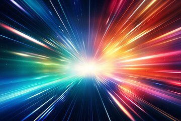 Light speed, hyperspace, space warp background, colorful streaks of light gathering towards the event horizon