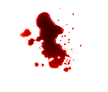 Real blood with drops, spray, splashes as texture isolated on white, clipping path, PNG