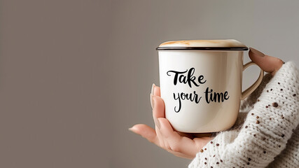 「Take your time」と書かれたコーヒーカップ