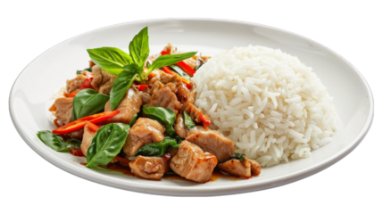 Rice topped with stir fried pork and basil on isolated on transparent png background. Generative ai