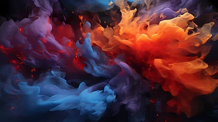 Foto op Plexiglas Intense clash of deep indigo and fiery scarlet liquids, creating a vivid and dynamic abstract scene that resonates with explosive energy © Hamza