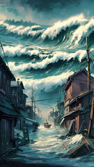 A Stunning Watercolor Styled Tsunami Illustration - obrazy, fototapety, plakaty