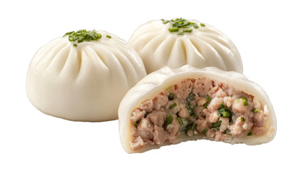 Steamed buns baozi with Minced Pork on isolated on transparent png background. Generative ai