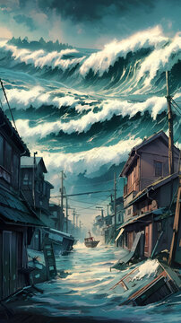 A Stunning Watercolor Styled Tsunami Illustration