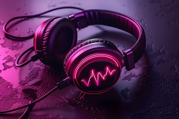 Fototapeta na wymiar gamer headphones with pink neon logo