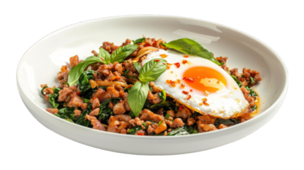 Stir fried Thai basil with minced pork and a fried egg on isolated on transparent png background. Generative ai