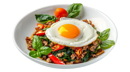 Stir fried Thai basil with minced pork and a fried egg on isolated on transparent png background. Generative ai