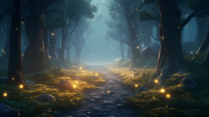 Obraz premium Charming forest landscape of trees at dusk illuminated by twinkling lights