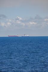 Passenger pax roro ro-ro car ferry cruiseship cruise ship liner at sea with scenic maritime coastal...