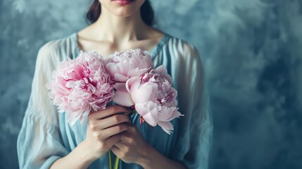 Close-up photo of a female hands with a peony bouquet. Feminine hands showcase a stunning peony bouquet.