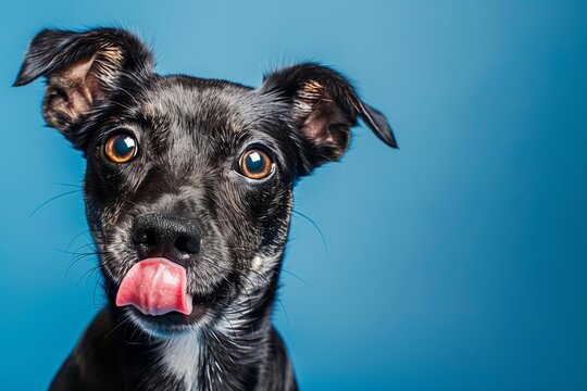 
dog licks his lips on a background of royal blue color