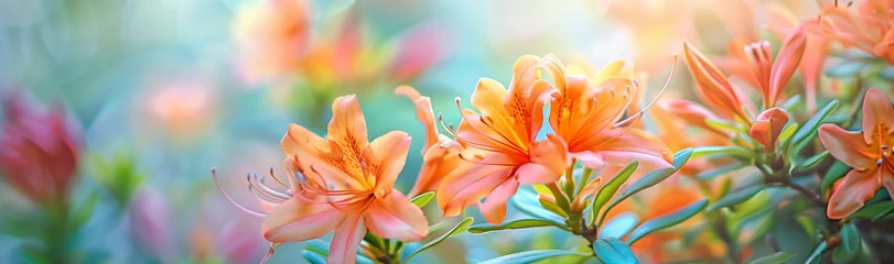 Tuinposter orange azaleas in full bloom radiate warmth against a soft, colorful backdrop © alex