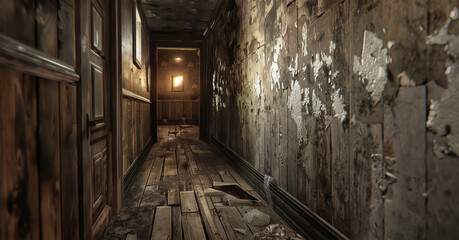 Fototapeta na wymiar narrow wooden corridor, cracked dirty wooden floor, dirty peeling wallpaper. Generative AI