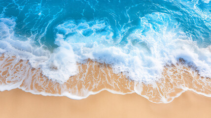 Fototapeta na wymiar Top down view of beach and sea with blue waves and white sand. Beautiful natural background of summer vacation. Generative AI