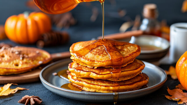 A woman's hands carefully drizzle golden honey over a stack of freshly made pumpkin pancakes, creating a mouthwatering display of sweetness.
