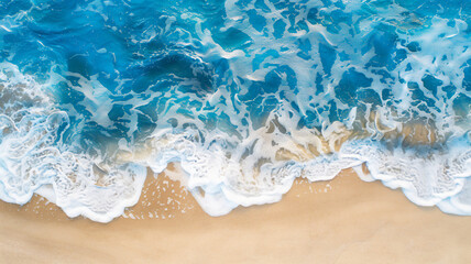 Fototapeta na wymiar Top down view of beach and sea with blue waves and white sand. Beautiful natural background of summer vacation. Generative AI