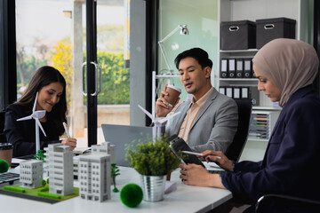 Businessman team using tablet for working technology and business,  Renewable energy-based green businesses and global warming. Reduce CO2 emission.