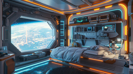 a futuristic teenager's room on an orbital station. a breathtaking view of Earth. Generative AI - obrazy, fototapety, plakaty