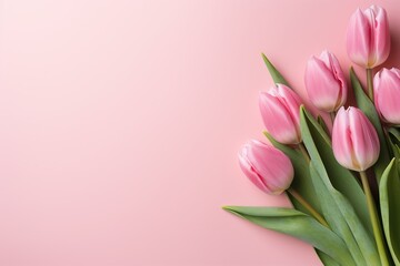 Bouquet pink tulips flowers on light pink background