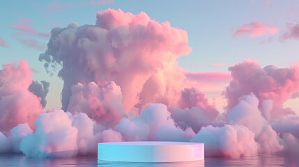 Background: Round 3d podium and pink clouds