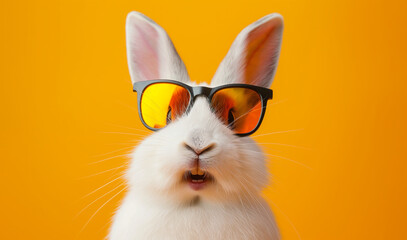 Cute bunny with sunglasses on a yellow background. Generative ai  - 754125538