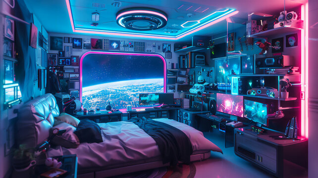 a futuristic teenager's room on an orbital station. a breathtaking view of Earth. Generative AI