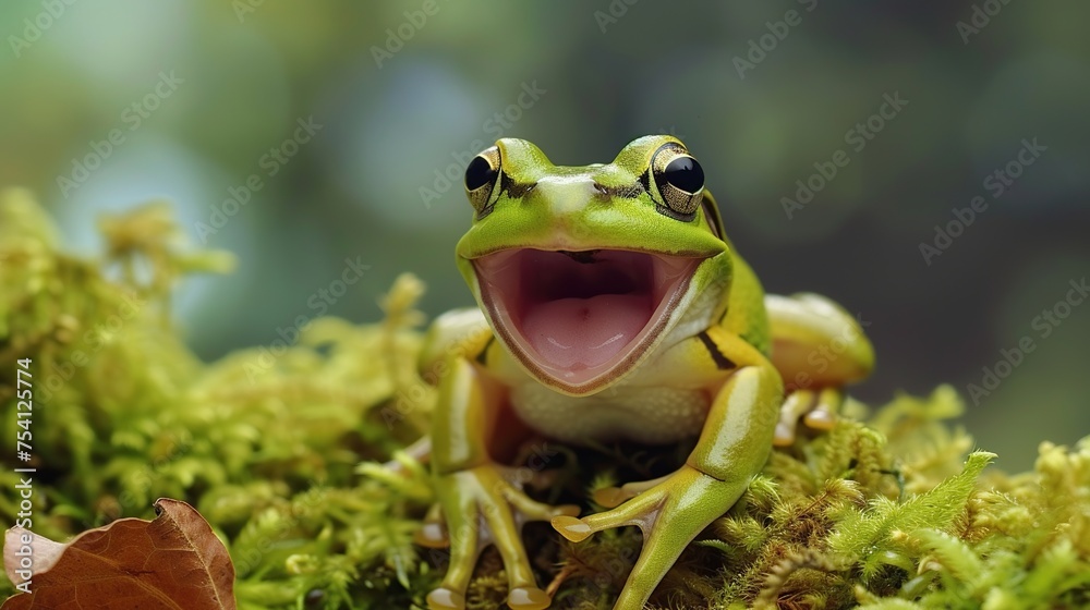 Wall mural close-up shot of a green frog standing in moss