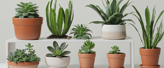 collection of succulents in various pots isolated on a transparent background