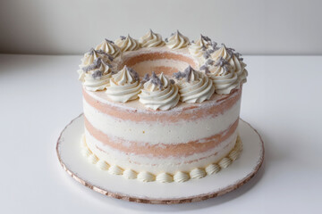 Beautiful tasty white cake with white cream on white table - 754125775