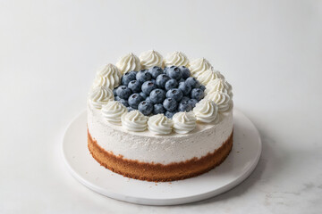Beautiful tasty white cake with white cream and blueberries on white table - 754125780
