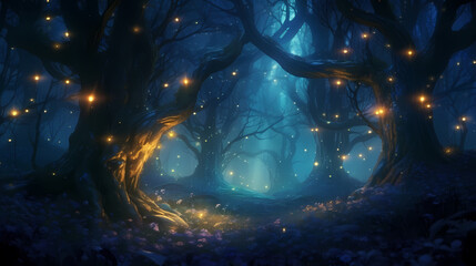 Charming forest landscape of trees at dusk illuminated by twinkling lights