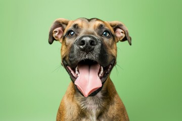 the dog licks his lips against a light green background. hungry dog - obrazy, fototapety, plakaty