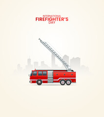International Fire fighter day, Fire Apparatus whit city, design for social media banner, poster, 3D Illustration.