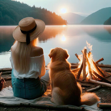 Young woman with golden retriever dog sitting near bonfire on the lake at sunset