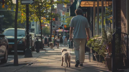 Foto op Plexiglas A man with a dog, carelessly dressed, walks down the sidewalk of the street. Generative AI © Юрий Маслов