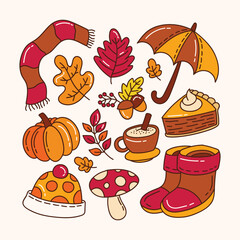 Autumn doodle set vector hand drawn elements