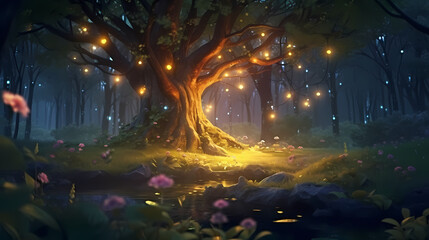 A magical and mysterious atmosphere like a fairy tale, the leaves are bathed in a dreamy light
